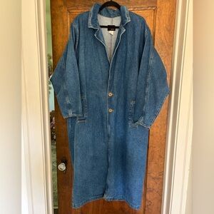 Vintage SUN BELT Blue Denim Jean Long Coat Duster Trench Jacket Maxi